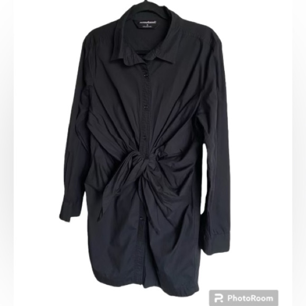 Norma Kamali Tie Waist Cotton Shirt Dress Black Size L